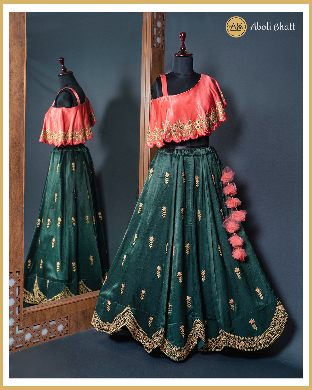 Buy Bottle Green Net Lehenga Choli With Floral Embroidery Online | Like A  Diva